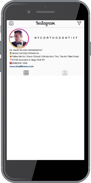 Smartphone showing Instagram account of orthodontist in Queens